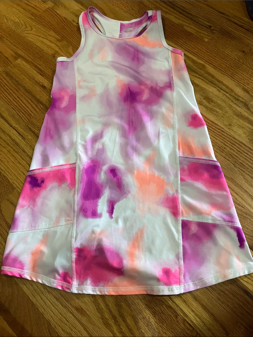 Avia Girls' White Tie-Dye Tank Dress with Pink and Orange Accents Sz 7/8 EUC